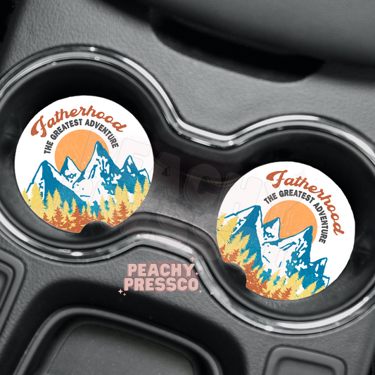 Fatherhood Adventure Car Coasters – Mountain Design Gift for Dads