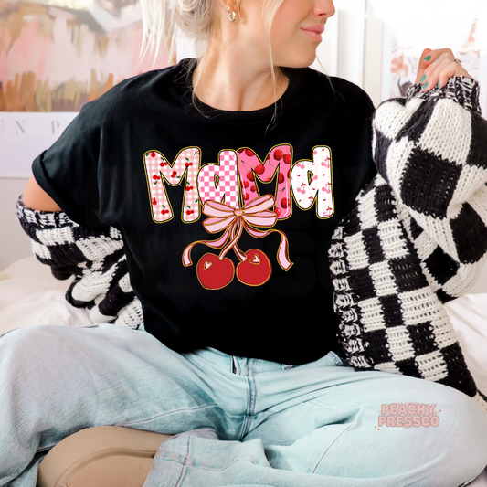 Cherry Mama Graphic T-Shirt – Cute Bow & Fruit Aesthetic Crewneck Apparel