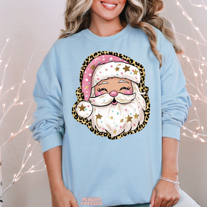 Pink Leopard Santa Face Christmas Shirt, Holiday Apparel