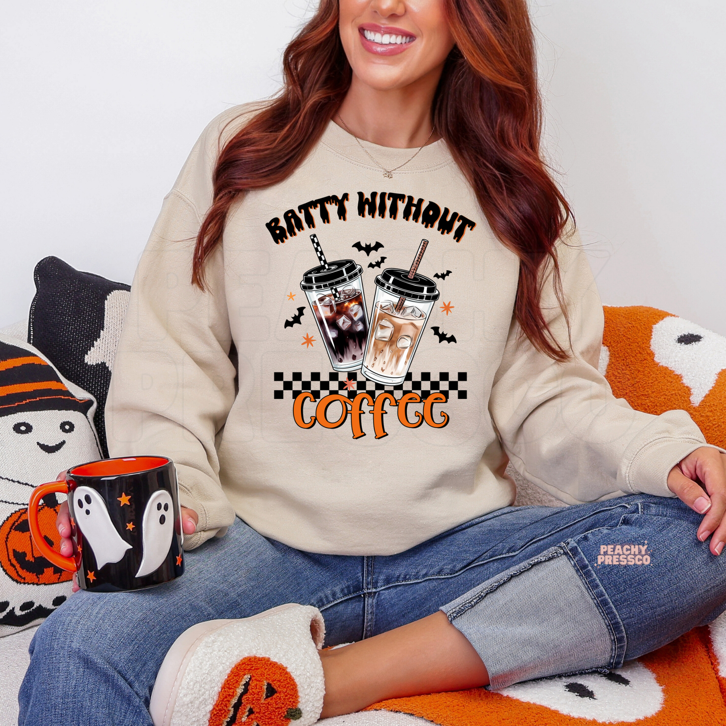 Batty Without Coffee Halloween Shirt | Spooky Season Graphic Crewneck, Apparel