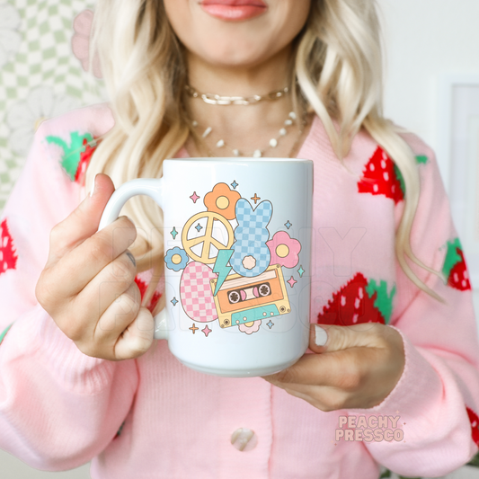 Retro Easter Mug – Pastel Cassette Tape, Peace Sign & Bunny Ears Design
