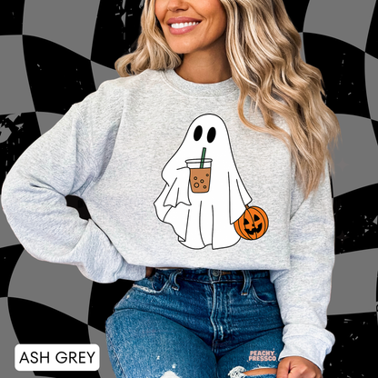 Ghost with Pumpkin & Iced Coffee Drink Shirt | Cute Halloween Crewneck, Apparel