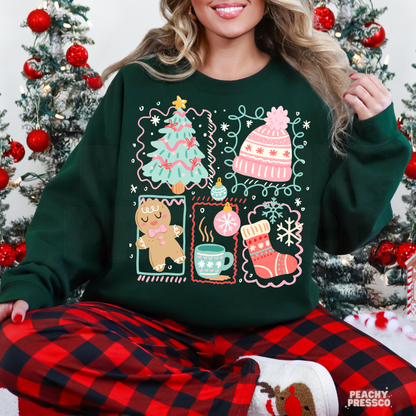 Cozy Christmas Icons Sweatshirt – Gingerbread, Cocoa & Cheer Apparel
