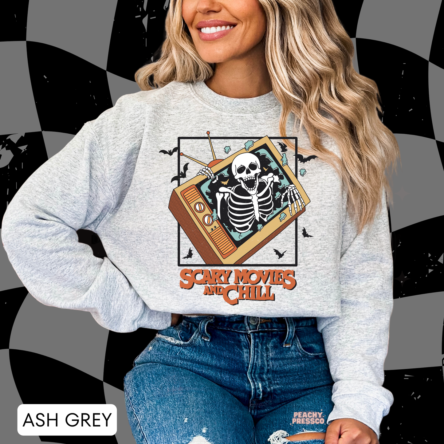Scary Movies and Chill, Retro TV Skeleton Graphic Shirt | Halloween Movie Night Vibes Apparel