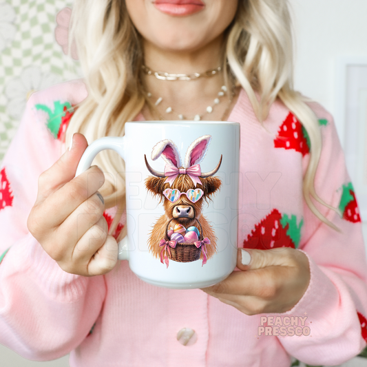 Highland Cow Easter Mug – Cute Bunny Ears & Heart Glasses Coffee Cup