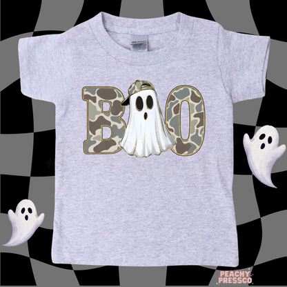 Cool Camo Ghost “BOO” Halloween Shirt – Spooky & Fun, Kids Apparel