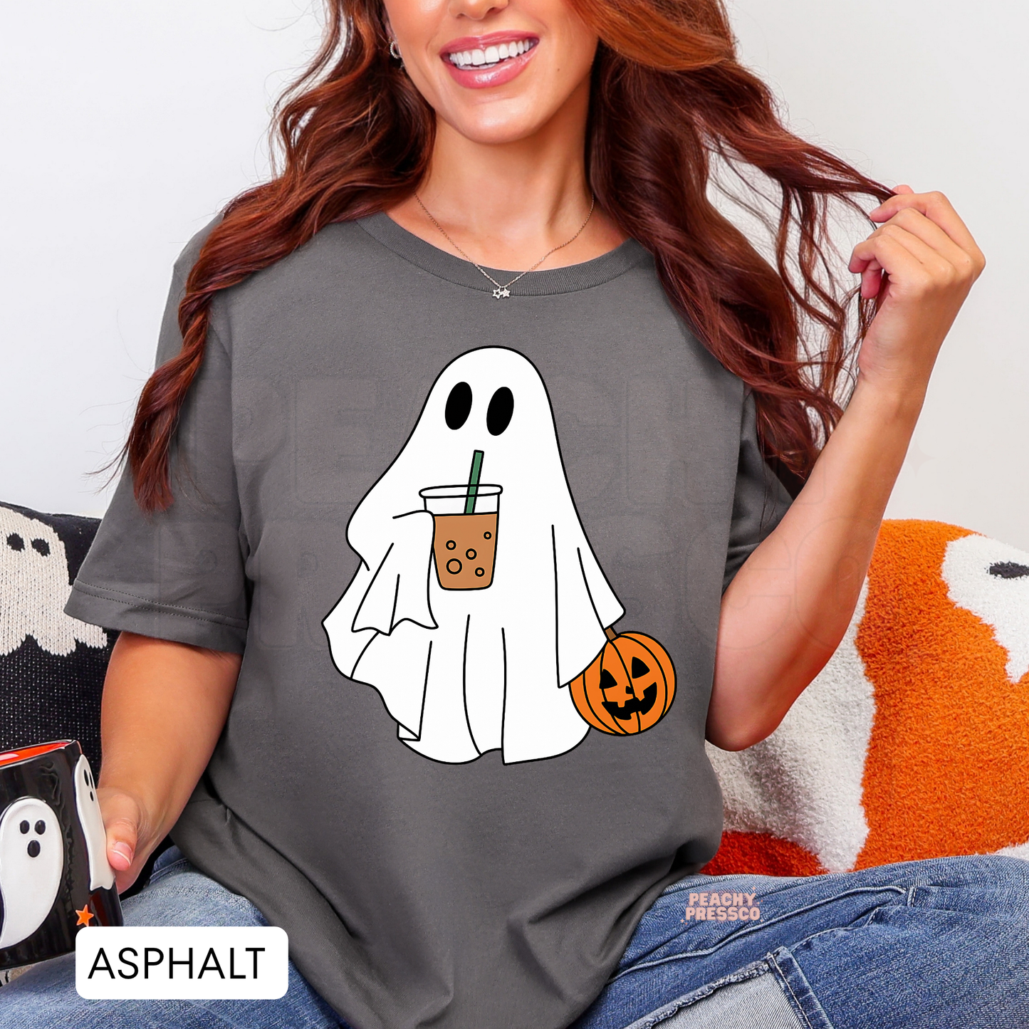Ghost with Pumpkin & Iced Coffee Drink Shirt | Cute Halloween Crewneck, Apparel