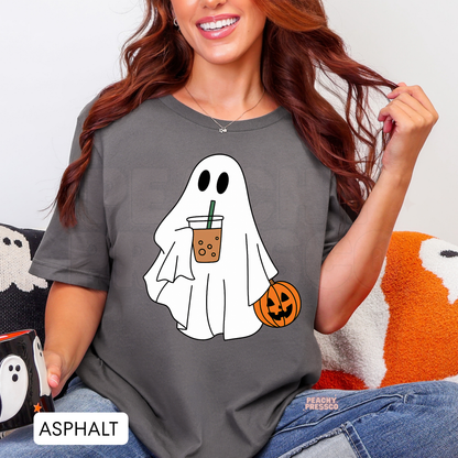 Ghost with Pumpkin & Iced Coffee Drink Shirt | Cute Halloween Crewneck, Apparel