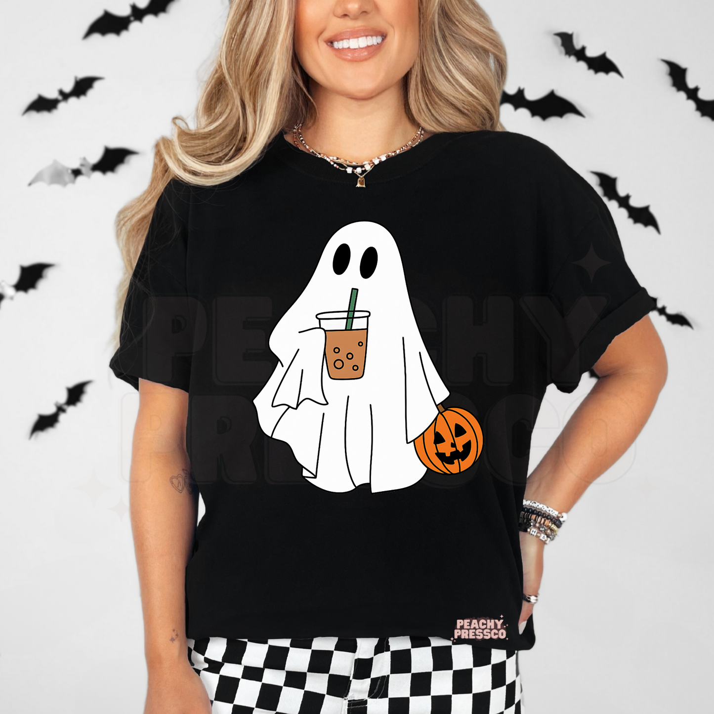 Ghost with Pumpkin & Iced Coffee Drink Shirt | Cute Halloween Crewneck, Apparel