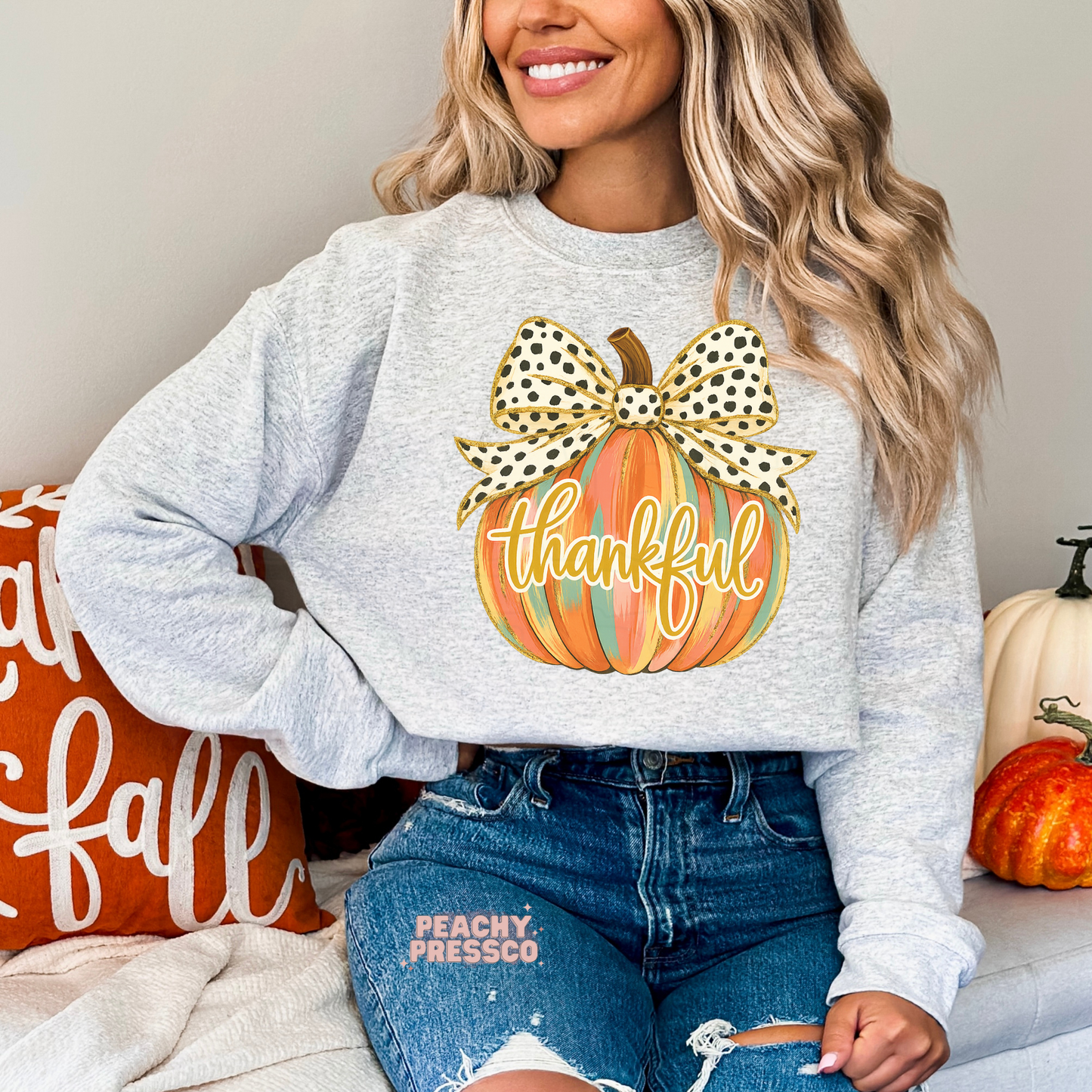 Thankful Pumpkin Sweatshirt with Polka Dot Bow – Fall Graphic Apparel