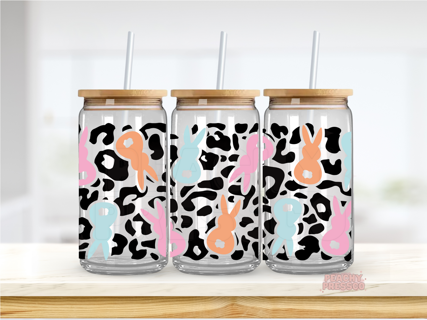 Colorful Bunny Glass Cup – 16oz Leopard Print Cup with Bamboo Lid & Straw