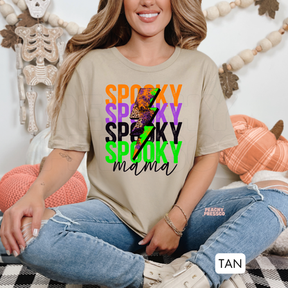 Spooky Mama Lightning Bolt Halloween Shirt – Bright Retro Trendy Apparel for Moms