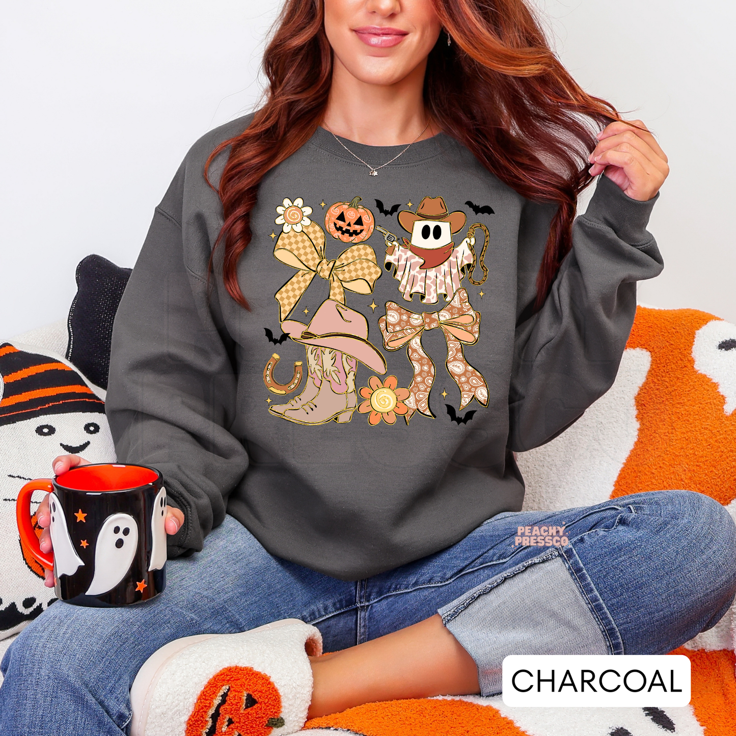 Western Cowgirl Halloween Shirt – Ghost, Pumpkin, and Bow Sweatshirt – Country Crewneck, Apparel
