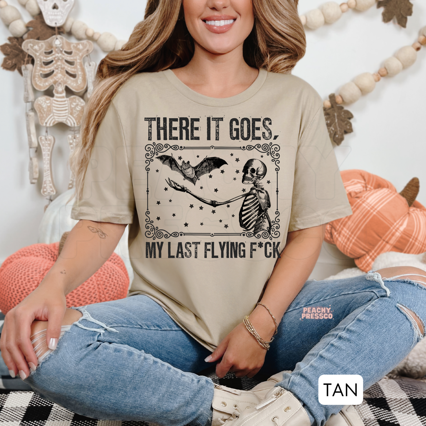 There It Goes My Last Flying F*ck Shirt – Funny Skeleton & Bat Sarcastic Halloween Crewneck, Spooky Season Apparel