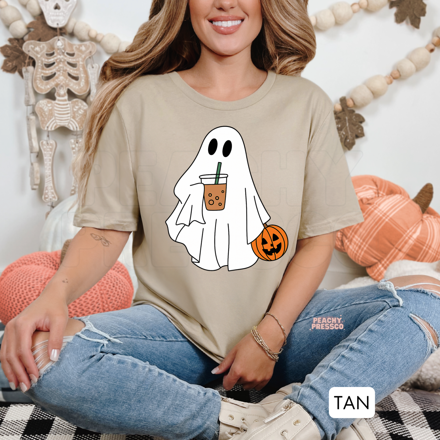Ghost with Pumpkin & Iced Coffee Drink Shirt | Cute Halloween Crewneck, Apparel