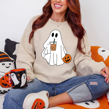 Ghost with Pumpkin & Iced Coffee Drink Shirt | Cute Halloween Crewneck, Apparel