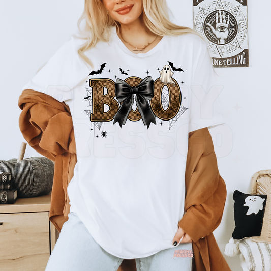 BOO Halloween Shirt with Bow | Cute Glam Spooky Graphic, Apparel