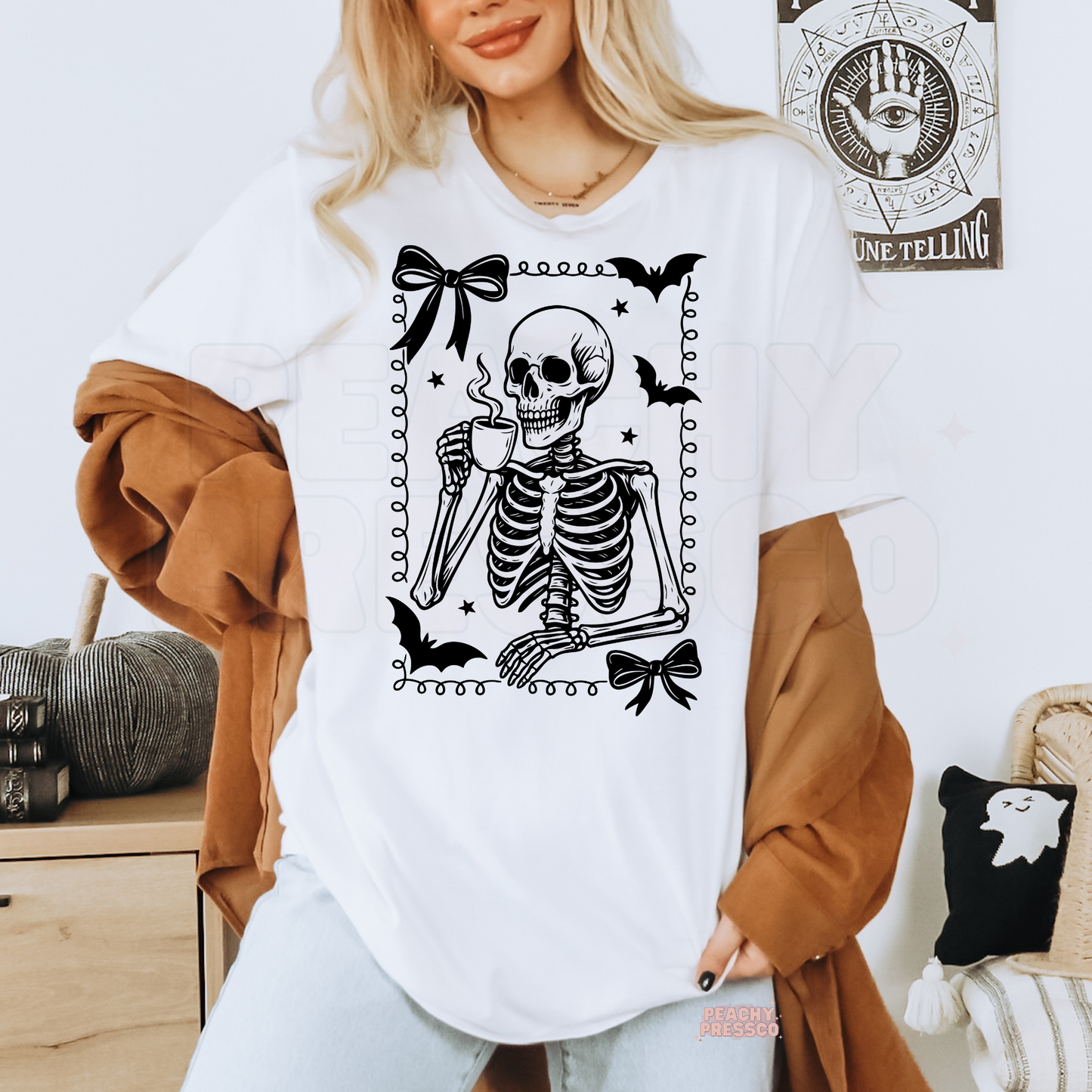 Cute Skeleton Coffee Cup Shirt | Halloween Bow Skull Graphic Crewneck, Apparel