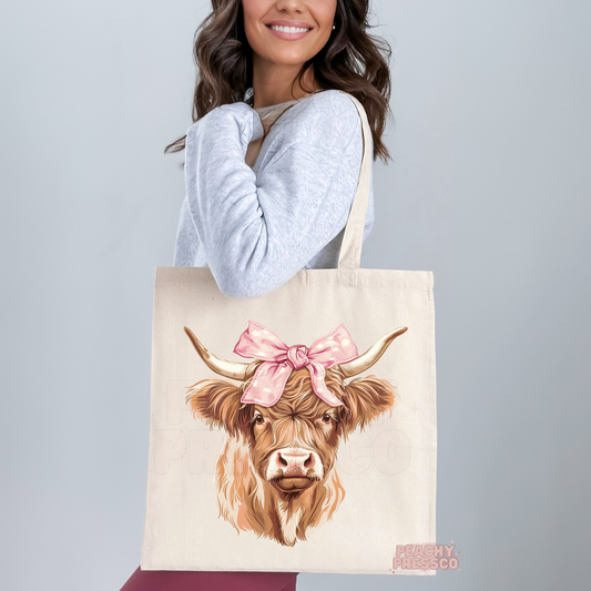 Highland Cow Tote Bag – Cute Pink Bow Farm Animal Canvas Bag