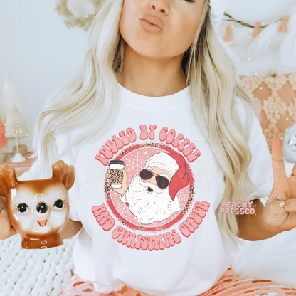 Fueled by Coffee & Christmas Cheer T-Shirt – Cool Santa Holiday Apparel