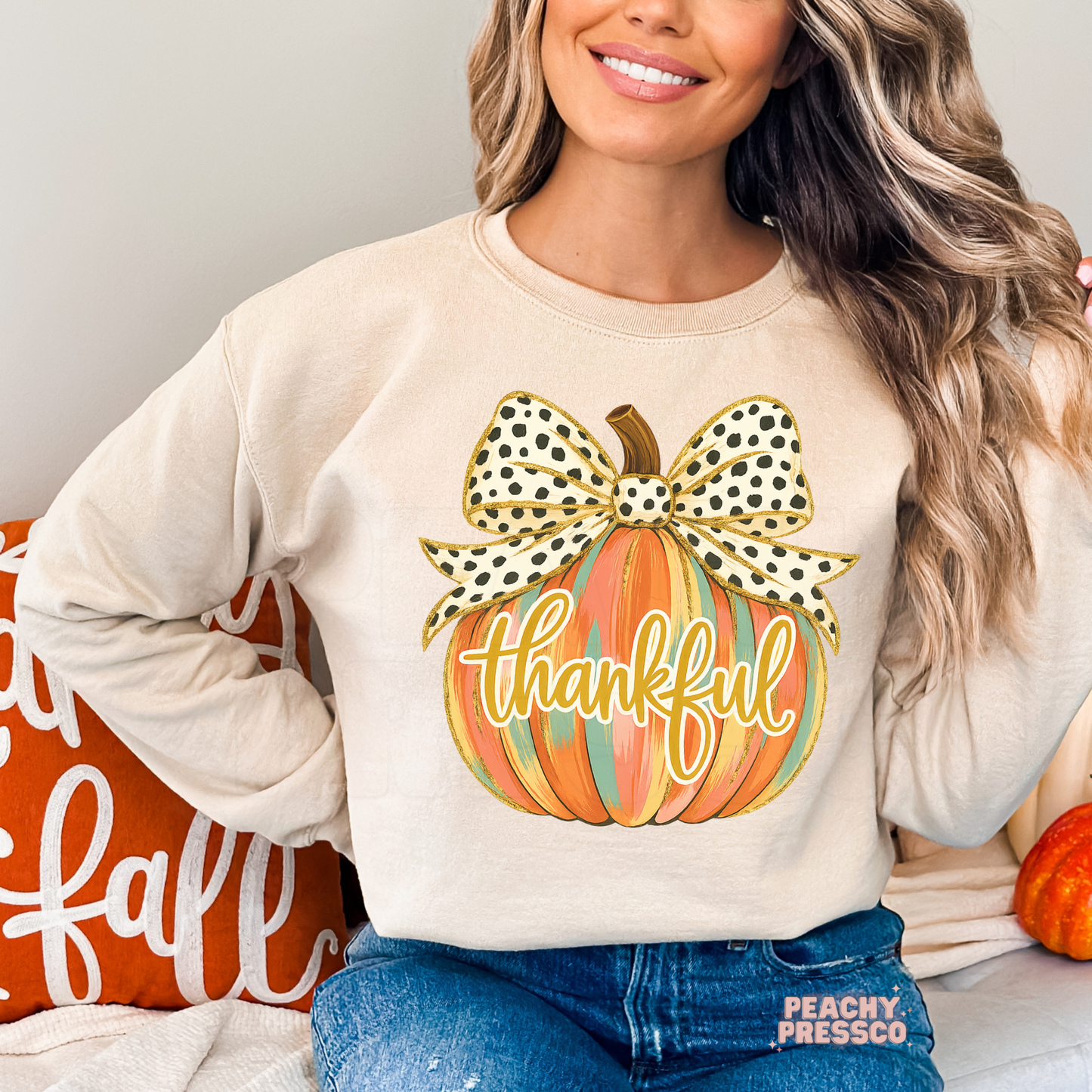 Thankful Pumpkin Sweatshirt with Polka Dot Bow – Fall Graphic Apparel