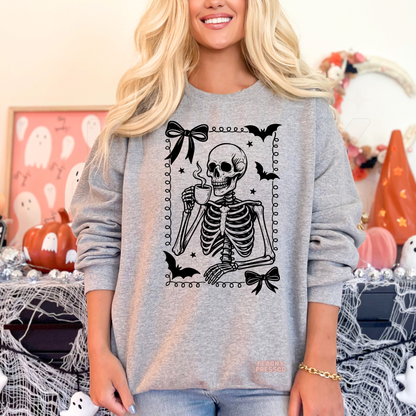 Cute Skeleton Coffee Cup Shirt | Halloween Bow Skull Graphic Crewneck, Apparel