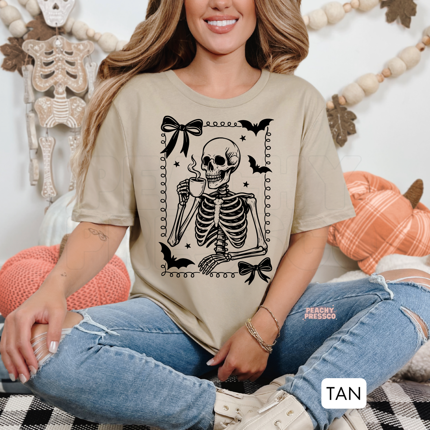 Cute Skeleton Coffee Cup Shirt | Halloween Bow Skull Graphic Crewneck, Apparel