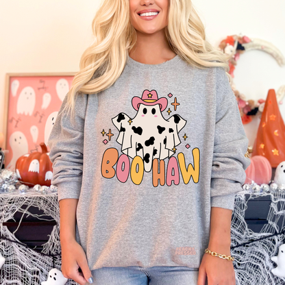 Cow Print Boo Haw Halloween Shirt – Western Ghost Cowgirl T-Shirt – Country Sweatshirt, Apparel