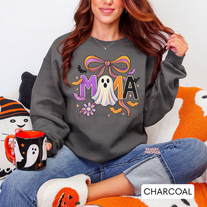 Halloween MAMA Sweatshirt | Cute Ghost & Bow Design for Moms | Cozy Crewneck with Bats & Flowers, Apparel