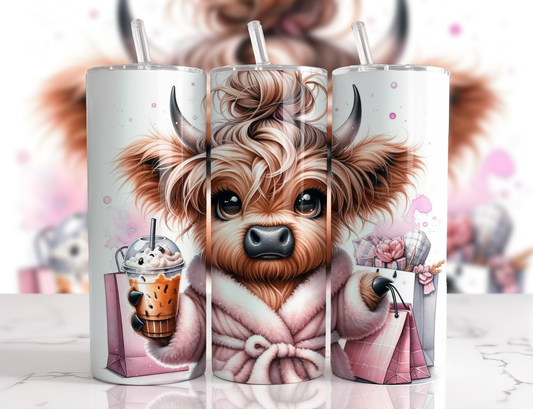 Cute Highland Cow Tumbler – Pink Spa Day Cow with Coffee & Shopping Bags