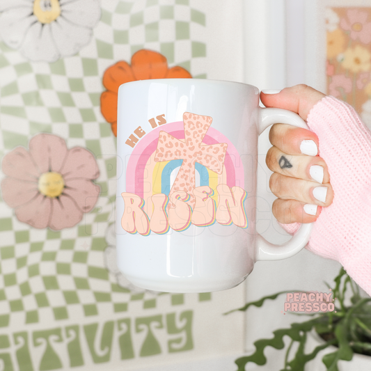 He Is Risen Mug – Retro Leopard Cross Easter Coffee Cup