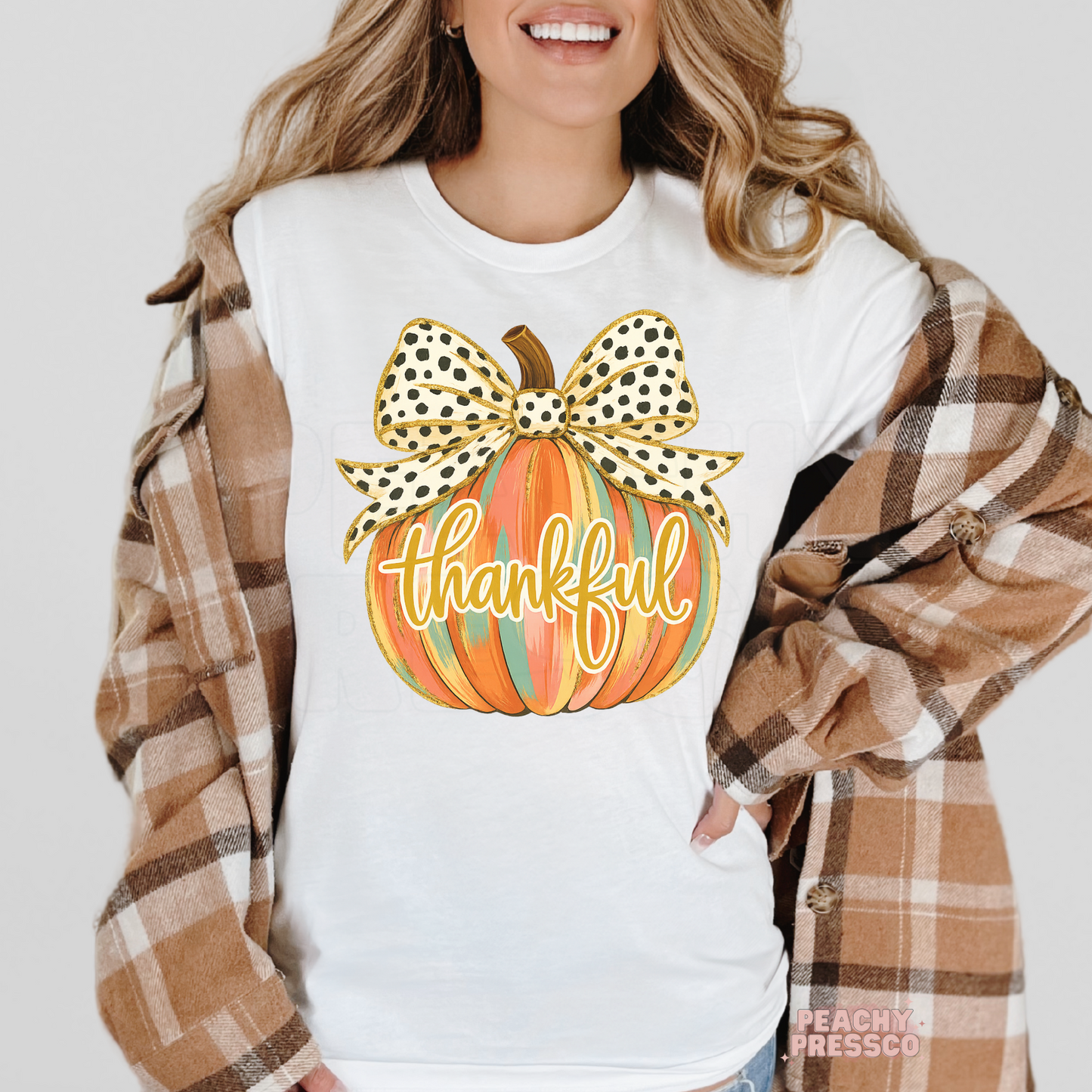 Thankful Pumpkin Sweatshirt with Polka Dot Bow – Fall Graphic Apparel