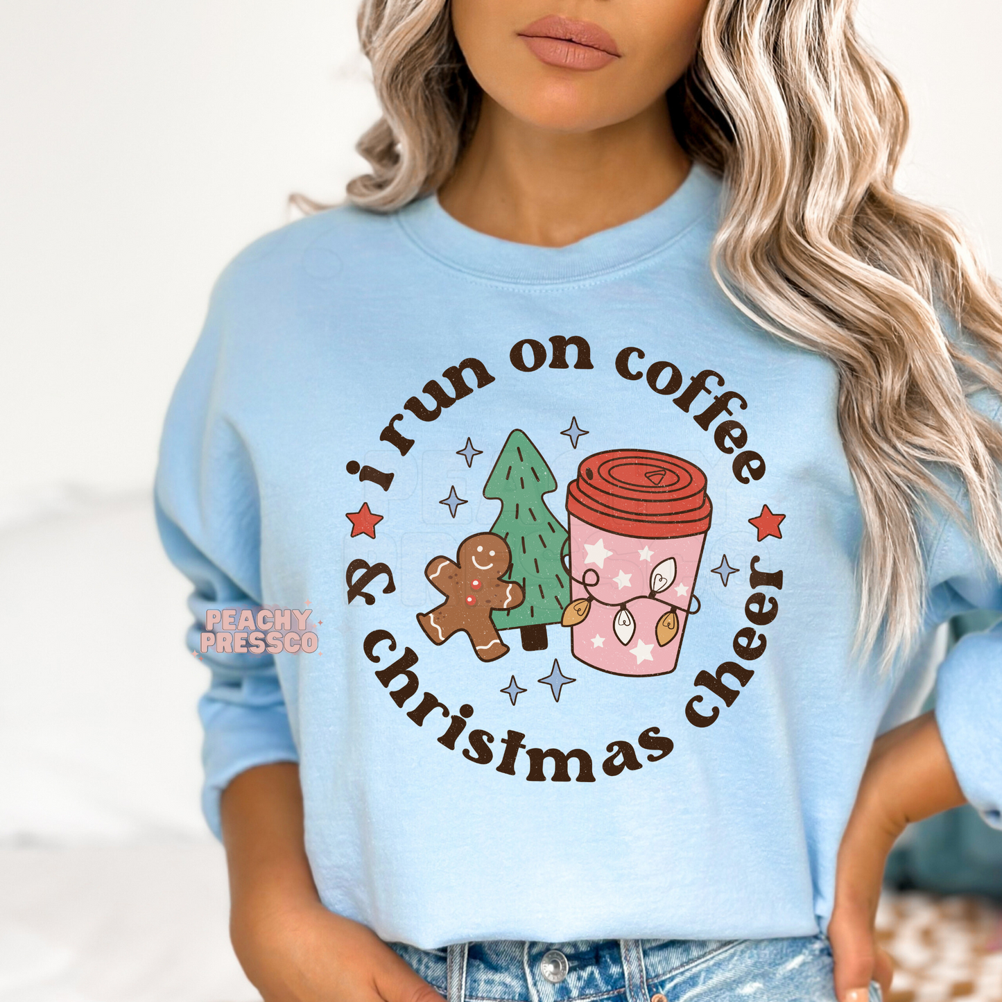 I Run on Coffee and Christmas Cheer Sweatshirt – Cute Holiday Gingerbread Coffee Lover Apparel