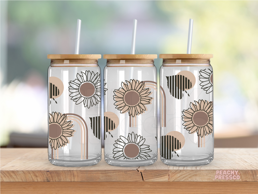 Boho Sunflower 16oz Glass Cup with Bamboo Lid & Straw