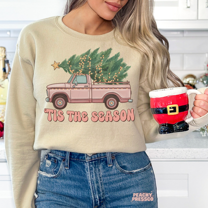 Pink Christmas Truck Sweatshirt | Tis The Season Tree, Holiday Apparel