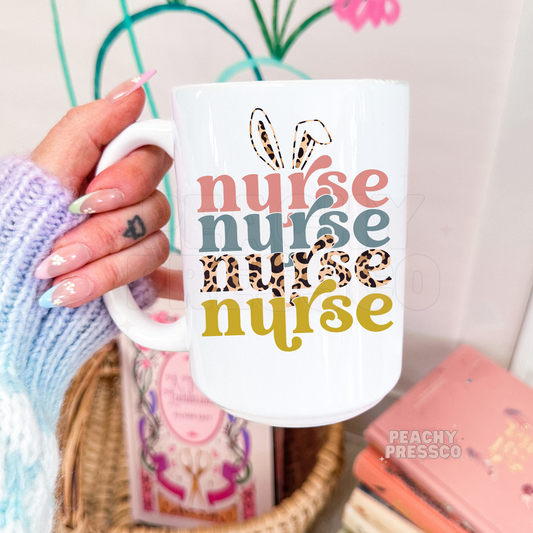 Easter Nurse Mug – Bunny Ears Rainbow Leopard Print Design