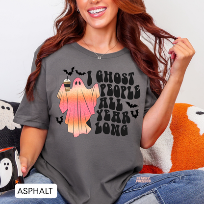 Funny I Ghost People All Year Long, Playful Ghost Graphic Shirt | Bats & Pumpkins Apparel