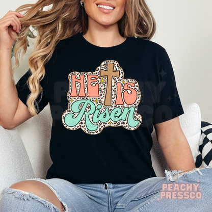 He Is Risen Leopard Print Cross Sweatshirt – Retro Coral & Mint Pastel Christian Pullover