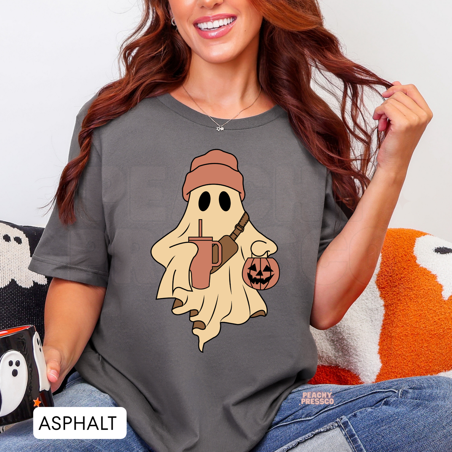 Ghost with Pumpkin & Drink Shirt | Cute Halloween Graphic Crewneck, Apparel