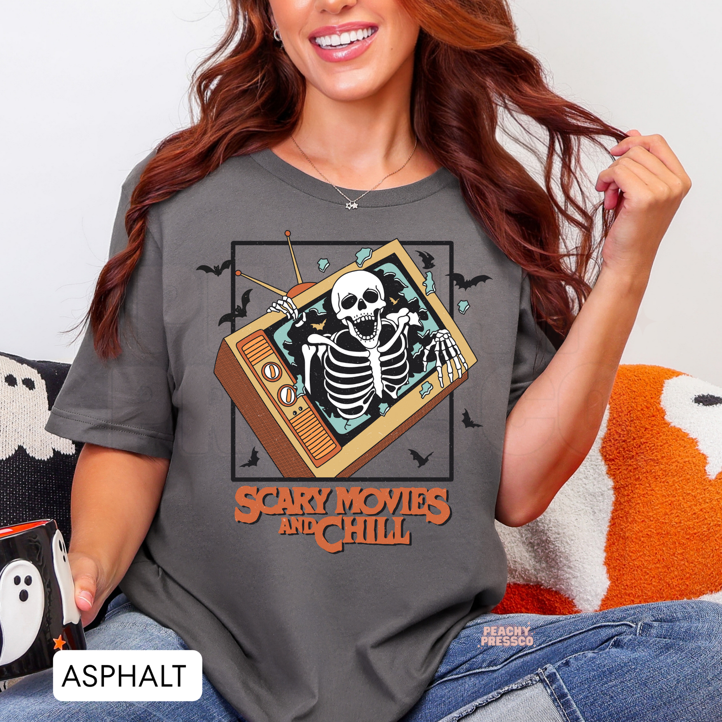 Scary Movies and Chill, Retro TV Skeleton Graphic Shirt | Halloween Movie Night Vibes Apparel