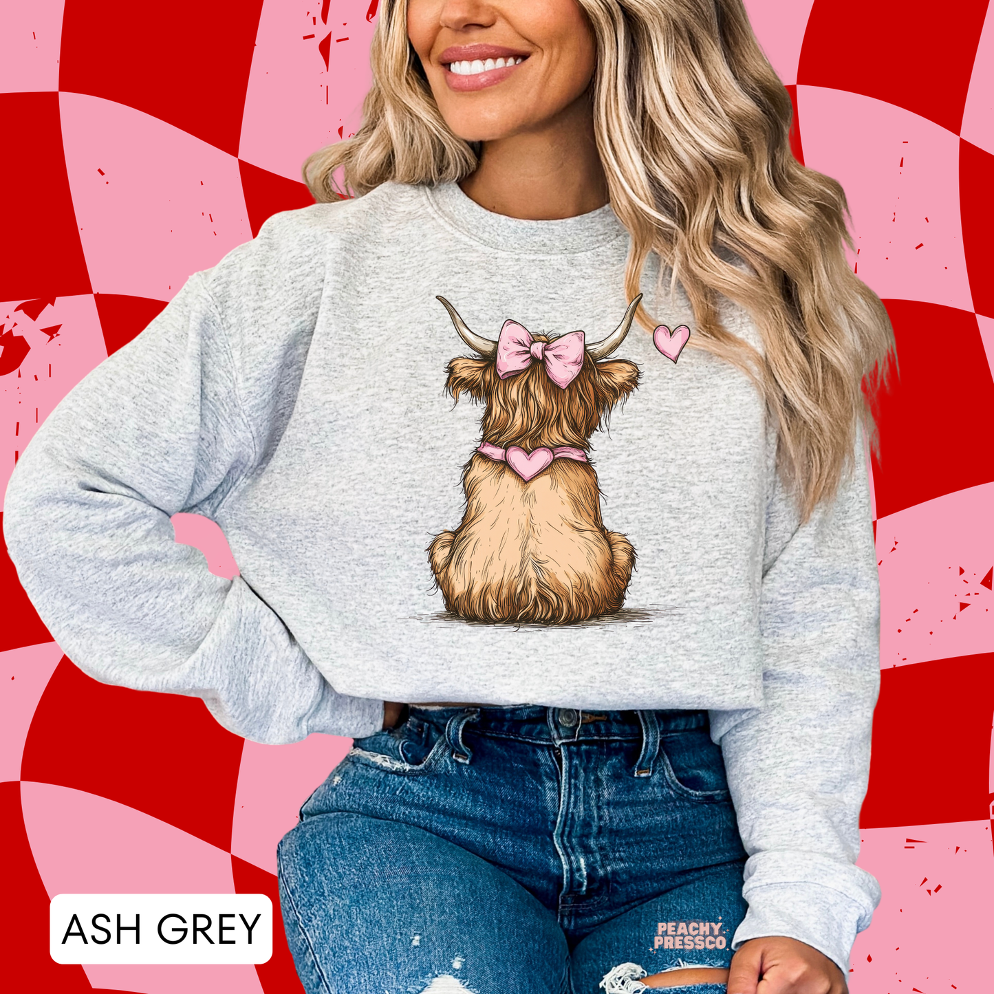Cute Highland Cow Sweatshirt with Bow – Girly Farm Animal, Valentine’s Day Apparel
