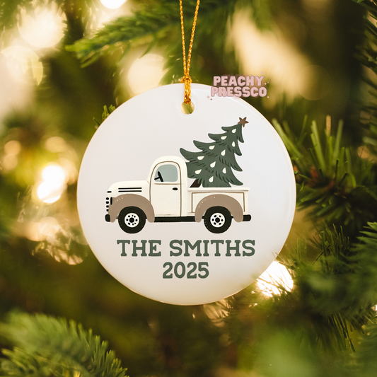 Custom Ceramic Family Name Ornament - Vintage White Truck Christmas Decoration