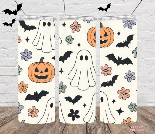 Cute Ghost Halloween Tumbler – Spooky Pumpkin & Bat Design | 20oz Fall Aesthetic Stainless Steel Cup
