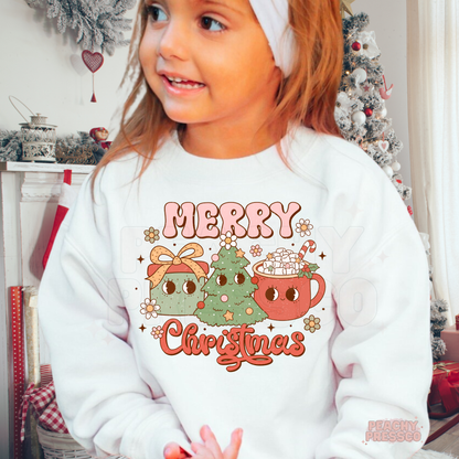 Cute Kids Merry Christmas Sweatshirt – Smiling Tree & Hot Cocoa Joy, Holiday Apparel