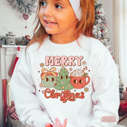 Cute Kids Merry Christmas Sweatshirt – Smiling Tree & Hot Cocoa Joy, Holiday Apparel