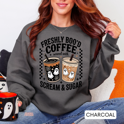 Freshly Boo'd Coffee served with Scream & Sugar Ghost Cups | Cozy Halloween Coffee Shirt, Apparel