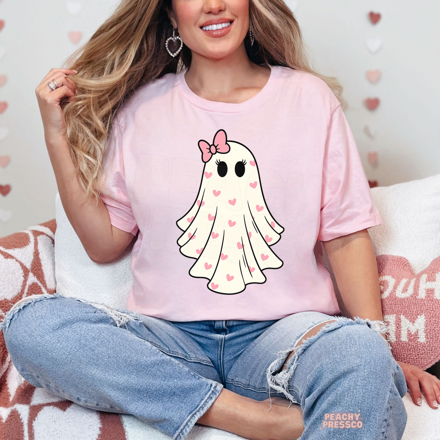 Cute Valentine Ghost Sweatshirt – Girly Heart Print Cozy Valentine’s Day Apparel