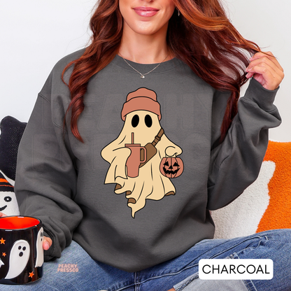 Ghost with Pumpkin & Drink Shirt | Cute Halloween Graphic Crewneck, Apparel