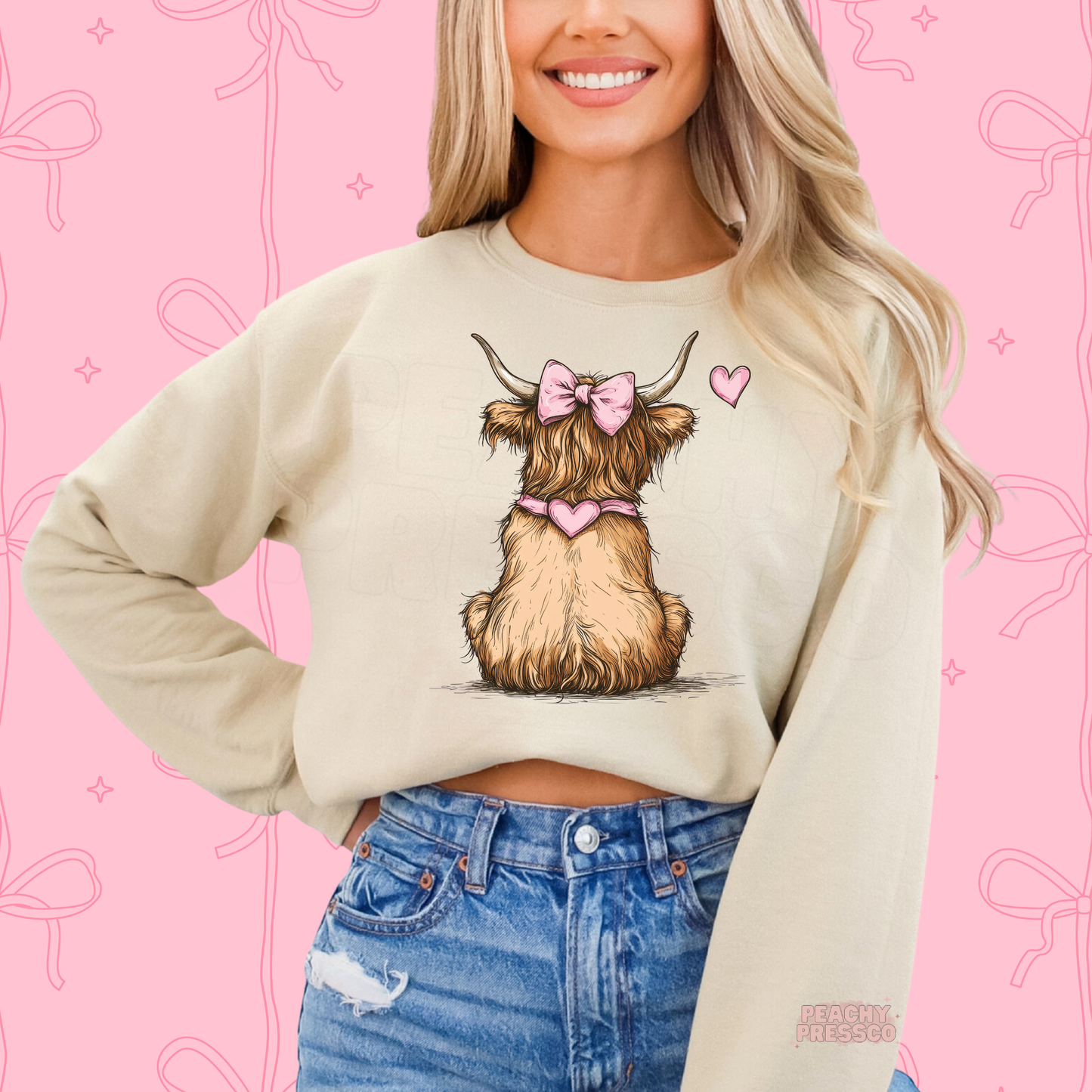 Cute Highland Cow Sweatshirt with Bow – Girly Farm Animal, Valentine’s Day Apparel