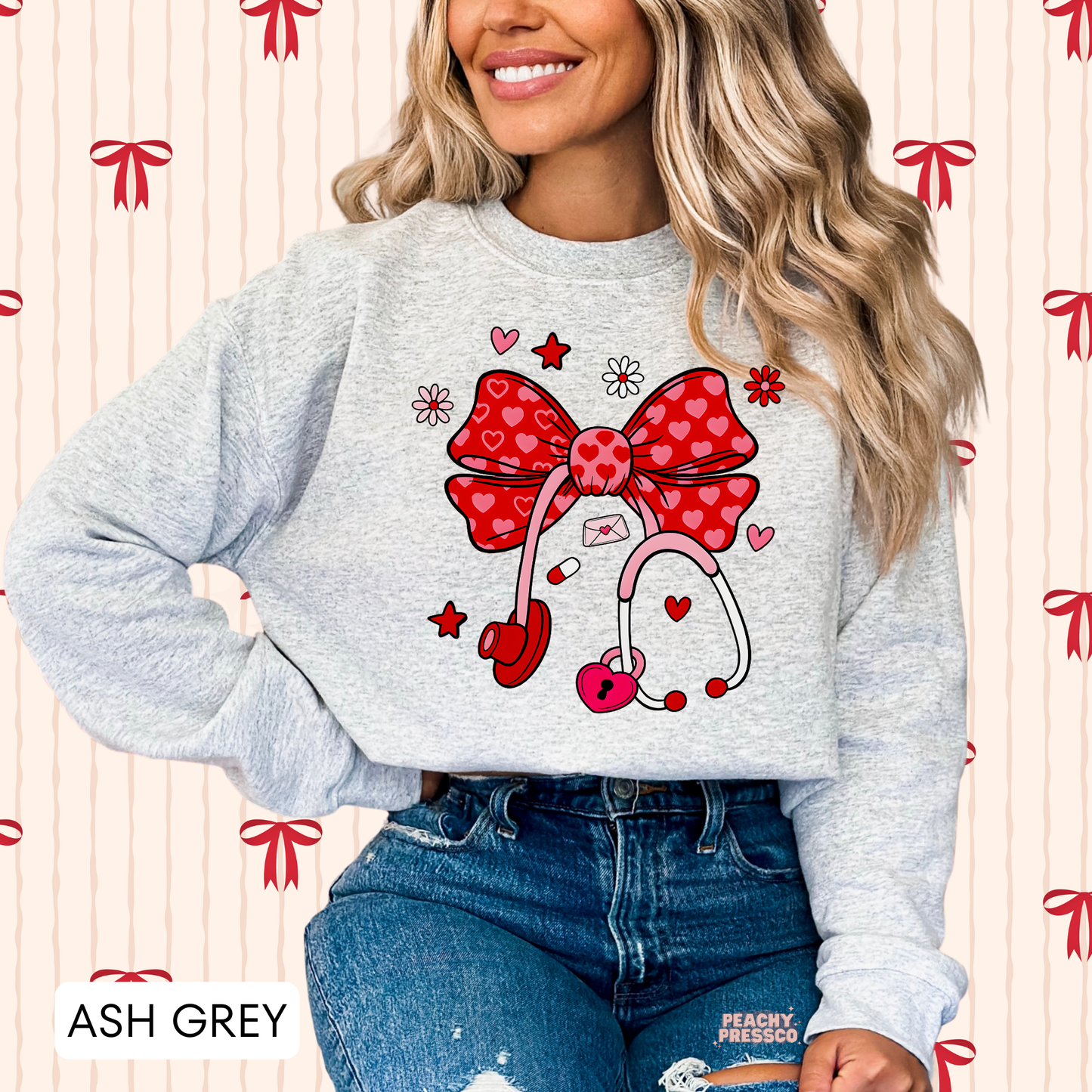 Nurse Heart Bow Stethoscope Shirt, Valentine’s Day Apparel for Health Care Workers
